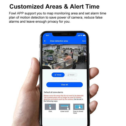 CAMSOY Wireless Security Camera for Easy Home Monitoring showing app with customizable detection areas and alert time on smartphone screen