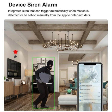CAMSOY Wireless Security Camera for Easy Home Monitoring showing masked intruder detected by motion, 1080P live view and siren alert on smartphone