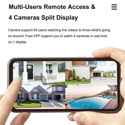 CAMSOY Wireless Security Camera for Easy Home Monitoring showing 4-camera split view on a smartphone with remote multi-user access