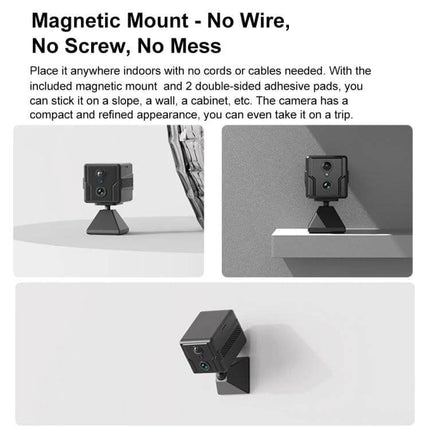 CAMSOY Wireless Security Camera for Easy Home Monitoring showing compact cube camera on magnetic mount in three indoor placement examples