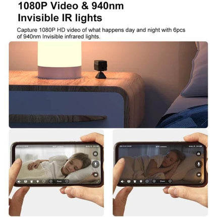 CAMSOY Wireless Security Camera for Easy Home Monitoring on bedside table showing 1080P night vision and mobile live view