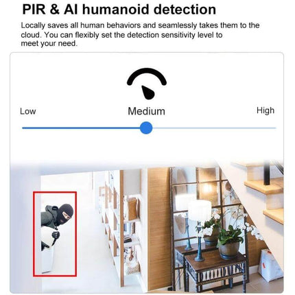 CAMSOY Wireless Security Camera for Easy Home Monitoring PIR and AI humanoid detection showing masked intruder flagged at medium sensitivity