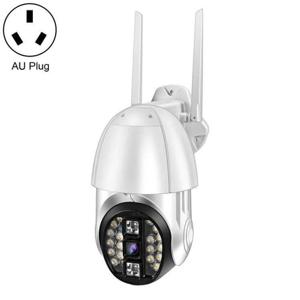 QX33 360-Degree Rotating WiFi Camera for Home Security Monitoring mounted white PTZ camera with AU plug, 1080P, two antennas, night LEDs and motion alerts