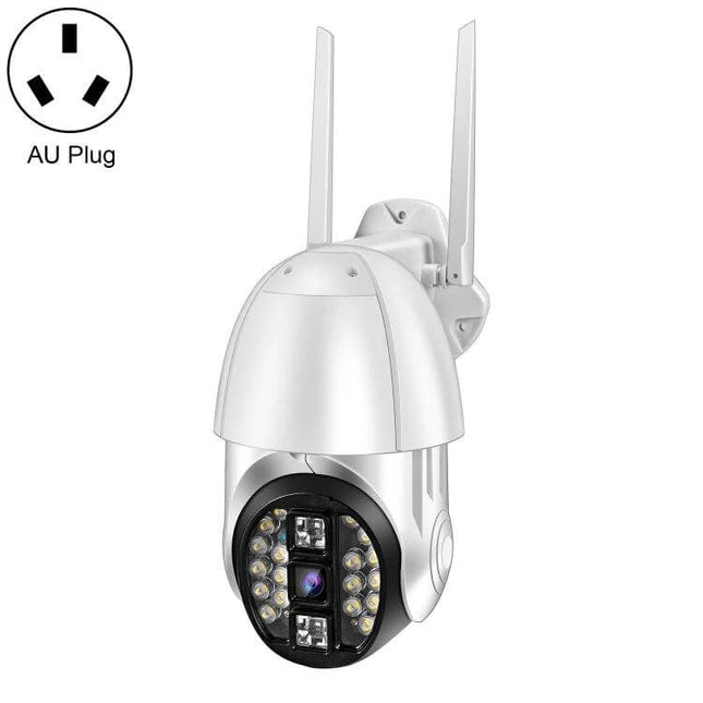QX33 360-Degree Rotating WiFi Camera for Home Security Monitoring mounted white PTZ camera with AU plug, 1080P, two antennas, night LEDs and motion alerts