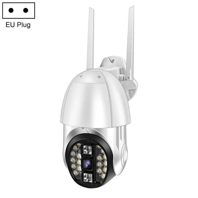 QX33 360-Degree Rotating WiFi Camera for Home Security Monitoring white outdoor PTZ camera with dual antennas and IR LEDs