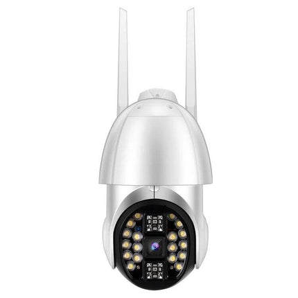 QX33 360-Degree Rotating WiFi Camera for Home Security Monitoring – white 360° rotating outdoor/indoor camera with dual antennas and LED lights