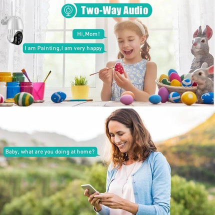 QX33 360-Degree Rotating WiFi Camera for Home Security Monitoring showing two-way audio with parent checking child remotely
