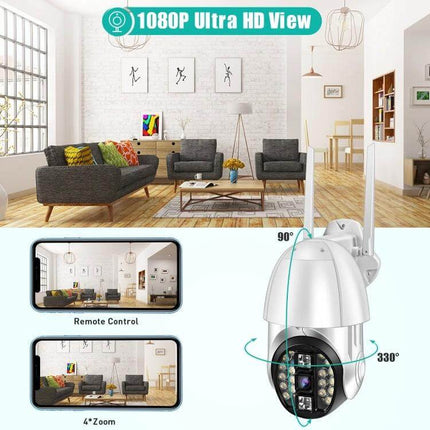 QX33 360-Degree Rotating WiFi Camera for Home Security Monitoring showing living room view, 1080P, 360° rotation and remote mobile control