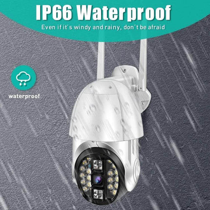 QX33 360-Degree Rotating WiFi Camera for Home Security Monitoring shown as IP66 waterproof outdoor camera in rain, 1080P, two antennas, night lights, motion alerts