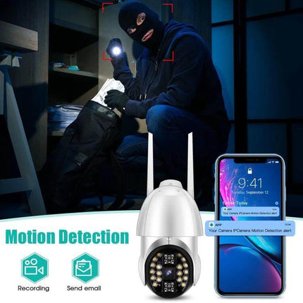QX33 360-Degree Rotating WiFi Camera for Home Security Monitoring showing intruder detection with mobile alert and 1080P recording