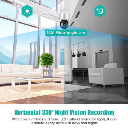 QX33 360-Degree Rotating WiFi Camera for Home Security Monitoring mounted in living room showing 330° wide-angle day/night view