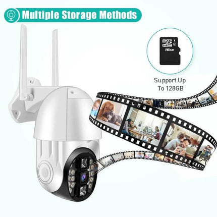 QX33 360-Degree Rotating WiFi Camera for Home Security Monitoring showing camera with 1080P recording, dual antennas and multiple storage options (up to 128GB)