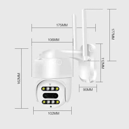 QX48 Wireless Security Camera for Home Monitoring white outdoor PTZ camera with dimensions and dual antennas