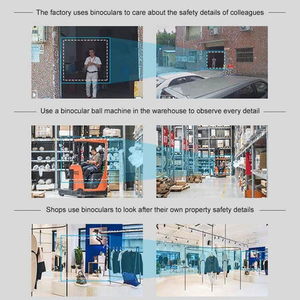 QX48 Wireless Security Camera for Home Monitoring showing warehouse and retail surveillance with motion detection and two-way audio