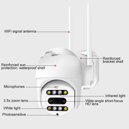 QX48 Wireless Security Camera for Home Monitoring - white outdoor PTZ camera with dual antennas, 1080P lens, infrared and white lights, two-way audio