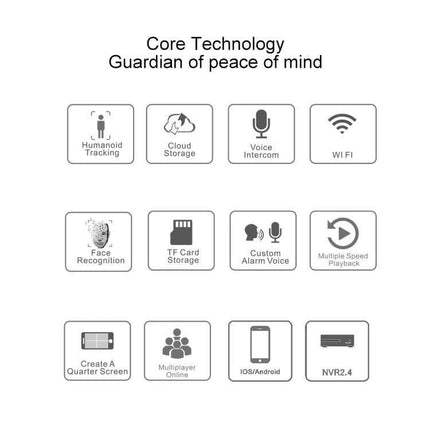 QX48 Wireless Security Camera for Home Monitoring icons showing humanoid tracking, cloud storage, voice intercom, WiFi, face recognition, TF card, alarm voice, playback, mobile app, NVR