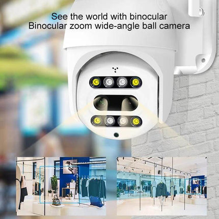 QX48 Wireless Security Camera for Home Monitoring showing white binocular zoom ball camera mounted on wall with store interior preview