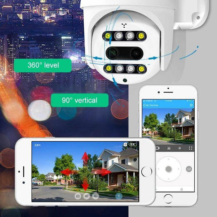 QX48 Wireless Security Camera for Home Monitoring showing 1080P live smartphone view, motion alerts and two-way audio for night and day surveillance