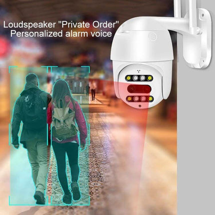 QX48 Wireless Security Camera for Home Monitoring showing wall-mounted 1080P camera with motion detection and two-way audio alerting smartphone