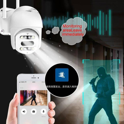 QX48 Wireless Security Camera for Home Monitoring capturing intruder, 1080P motion alerts and two-way audio on smartphone