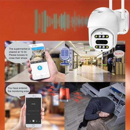 QX48 Wireless Security Camera for Home Monitoring showing smartphone alerts, two-way audio, motion detection and 1080P video