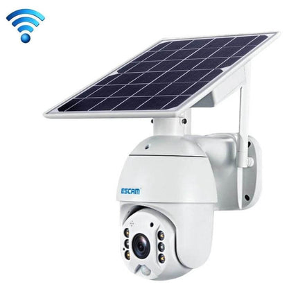 ESCAM Solar-Powered Waterproof Outdoor Security Camera with removable solar panel mounted on wall for night and day surveillance
