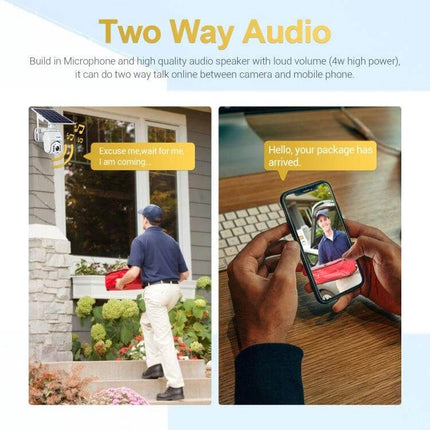 ESCAM Solar-Powered Waterproof Outdoor Security Camera showing two-way audio allowing homeowner to speak to delivery person via mobile app