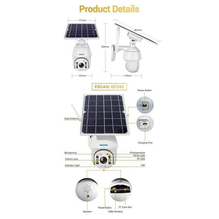 ESCAM Solar-Powered Waterproof Outdoor Security Camera with removable solar panel and labeled product details diagram