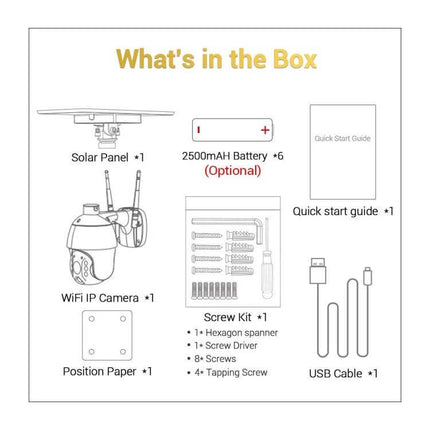 ESCAM Solar-Powered Waterproof Outdoor Security Camera box contents diagram showing solar panel, WiFi IP camera, battery option, screw kit, USB cable, quick start guide