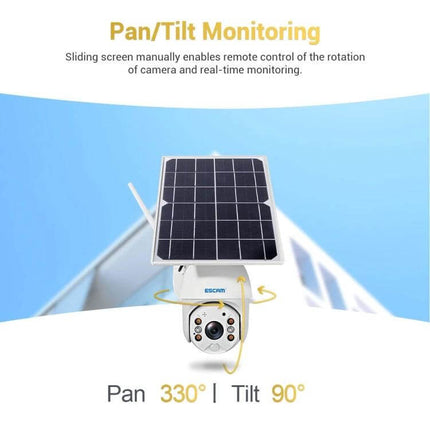 ESCAM Solar-Powered Waterproof Outdoor Security Camera showing solar panel and pan 330° tilt 90° monitoring