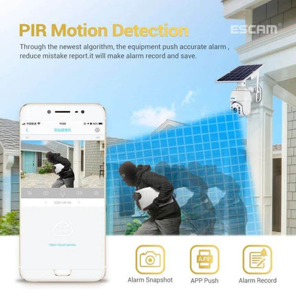 ESCAM Solar-Powered Waterproof Outdoor Security Camera mounted with solar panel showing PIR motion detection and smartphone app alert