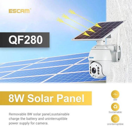 ESCAM QF280 Waterproof Solar Security Camera for Home Monitoring mounted with removable 8W solar panel on exterior wall