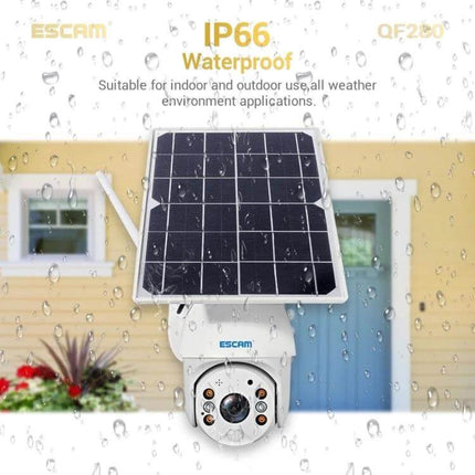 ESCAM QF280 Waterproof Solar Security Camera for Home Monitoring mounted with solar panel outside a house, IP66 waterproof shown