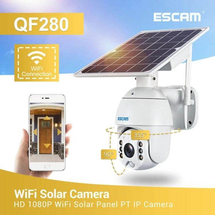 ESCAM QF280 Waterproof Solar Security Camera for Home Monitoring mounted with solar panel showing mobile app live view