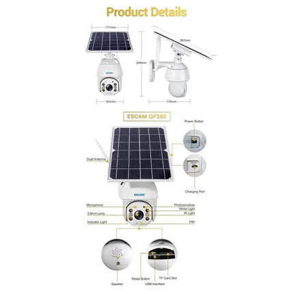 ESCAM QF280 Waterproof Solar Security Camera for Home Monitoring showing solar panel, camera head, ports and dimensions