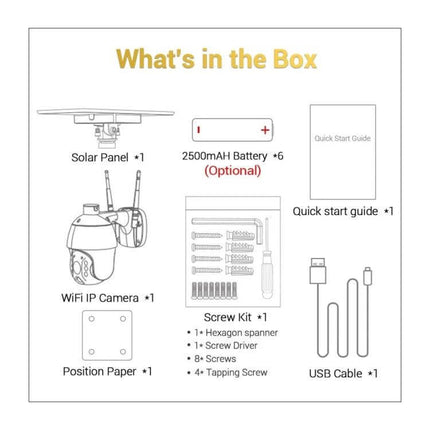 ESCAM QF280 Waterproof Solar Security Camera for Home Monitoring box contents showing solar panel, camera, battery, screws, USB cable and guide