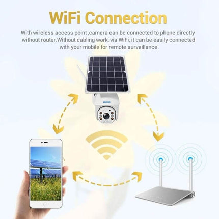 ESCAM QF280 Waterproof Solar Security Camera for Home Monitoring showing solar panel, WiFi connection to phone and router