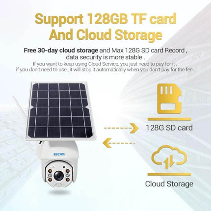 ESCAM QF280 Waterproof Solar Security Camera for Home Monitoring with removable solar panel, 128GB TF/SD support and cloud storage options