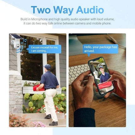 ESCAM QF480 Solar-Powered Waterproof Outdoor Security Camera showing two-way audio use with delivery person and mobile live view