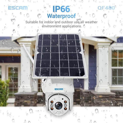 ESCAM QF480 Solar-Powered Waterproof Outdoor Security Camera with removable solar panel mounted outdoors in rain, IP66 weatherproof surveillance