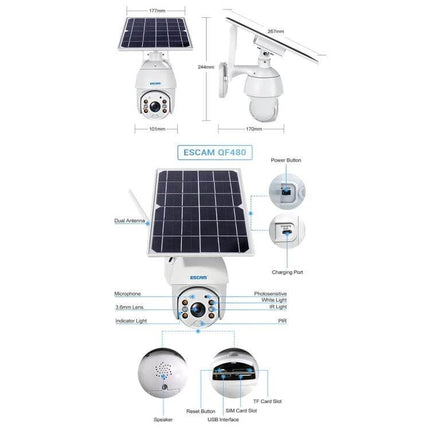 ESCAM QF480 Solar-Powered Waterproof Outdoor Security Camera showing solar panel, camera dimensions and labeled components