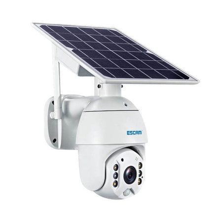 ESCAM QF480 Solar-Powered Waterproof Outdoor Security Camera mounted with removable solar panel, night-vision outdoor surveillance camera