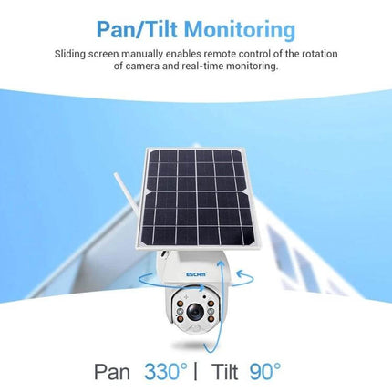 ESCAM QF480 Solar-Powered Waterproof Outdoor Security Camera with removable solar panel, 330° pan and 90° tilt for outdoor surveillance