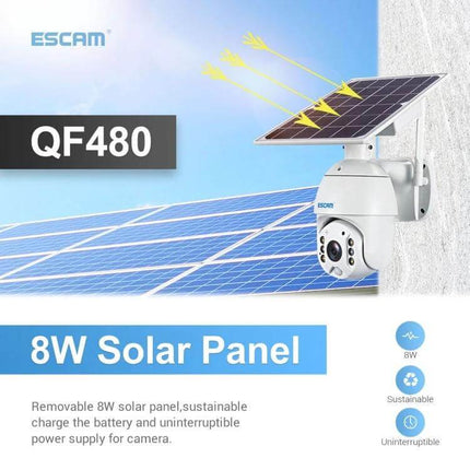 ESCAM QF480 Solar-Powered Waterproof Outdoor Security Camera mounted with removable 8W solar panel providing continuous outdoor surveillance