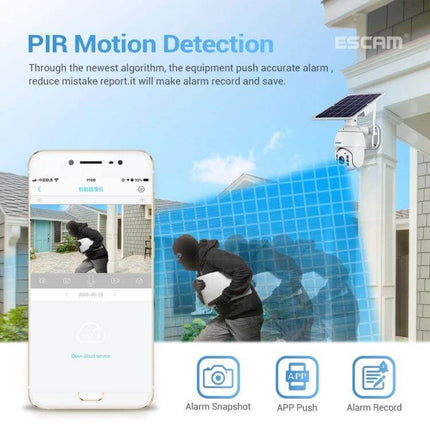 ESCAM QF480 Solar-Powered Waterproof Outdoor Security Camera showing PIR motion detection with solar panel and smartphone alerts