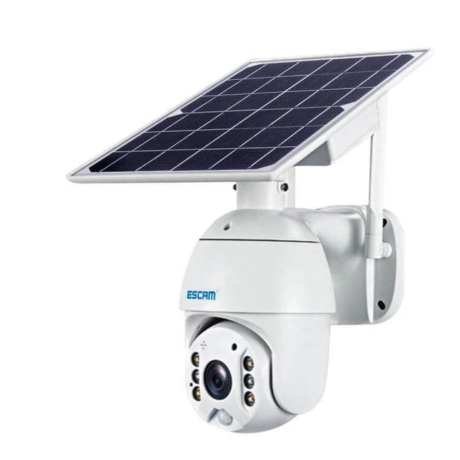 ESCAM Solar-Powered Waterproof Outdoor IP Security Camera mounted on wall with solar panel, night/day surveillance and motion detection
