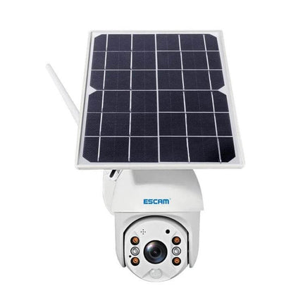 ESCAM Solar-Powered Waterproof Outdoor IP Security Camera mounted with solar panel showing lens and night LEDs for garden and entrance surveillance