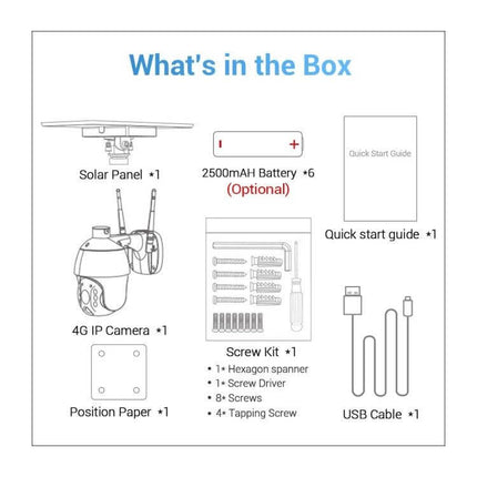 ESCAM Solar-Powered Waterproof Outdoor IP Security Camera box contents diagram showing solar panel, 4G IP camera, batteries, screw kit, USB cable, quick start guide