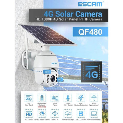 ESCAM Solar-Powered Waterproof Outdoor IP Security Camera mounted with solar panel for 24/7 motion detection and night vision