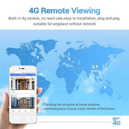 ESCAM Solar-Powered Waterproof Outdoor IP Security Camera showing 4G remote viewing on smartphone for home and garden surveillance